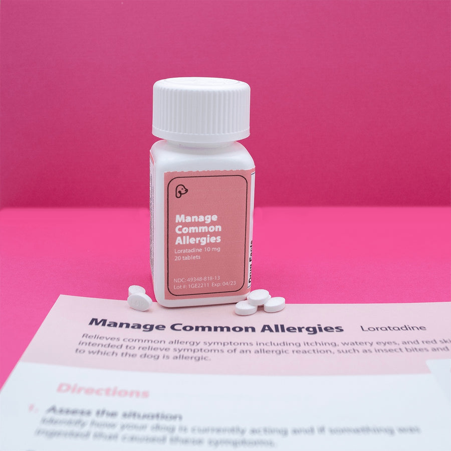 The Uh-Oh Kit's Manage Common Allergies by Puppylation Health is Loratadine for dogs. Loratadine is the active ingredient in Claritin and can relieve your dog's symptoms of common allergies including itching, watery eyes, and red skin. Each refill bottle contains 20 tablets of dog allergy medicine and includes veterinarian-approved dosages and directions.