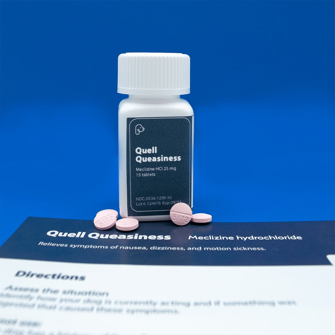 Each bottle of Quell Queasiness by Puppylation Health contains 15 tablets of Meclizine HCl 25mg to relieve symptoms of nausea, dizziness and motion sickness in dogs.