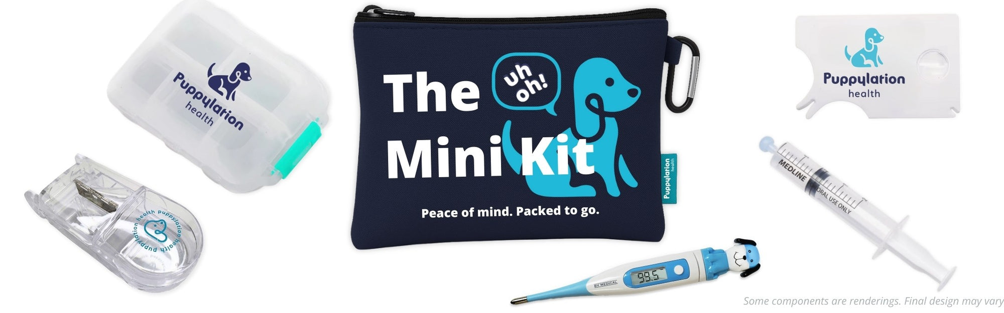 Uh-Oh Mini Kit — a compact dog first aid kit with thermometer, syringe, pill organizer, tick remover, and travel pouch