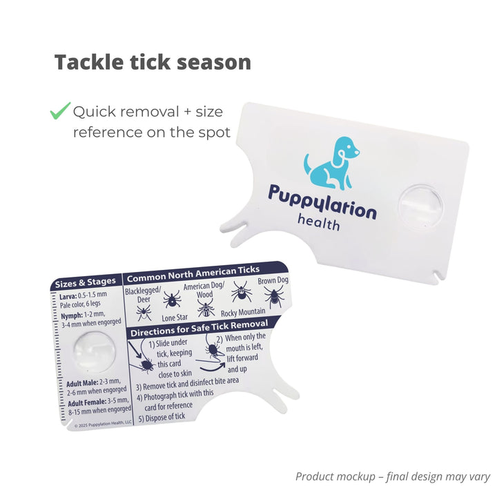 Mockup of Puppylation Health tick removal card with illustrated instructions and size guide, included in The Uh-Oh Mini Kit