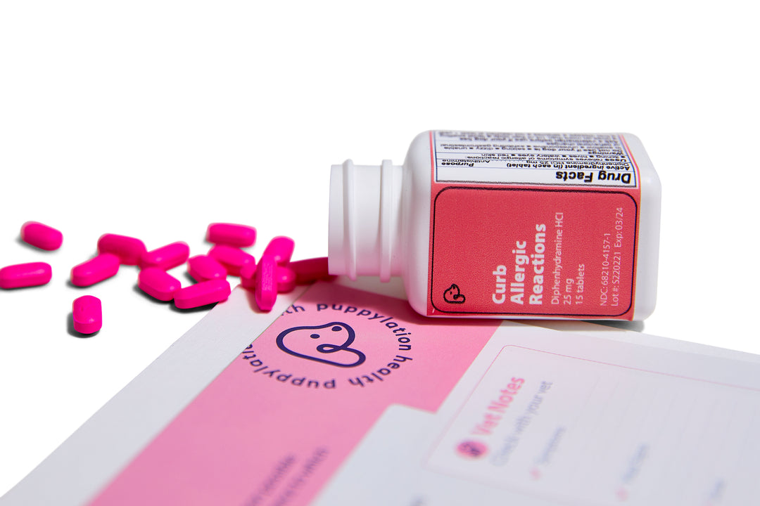If your dog has hives, itching, red skin or eyes from an allergic reaction, address it quickly and correctly with the active ingredient in Benadryl for dogs. Each Uh-Oh Kit refill bottle of Curb Allergic Reactions contains 15 tablets of Diphenhydramine HCl 25mg with veterinarian-approved dosages and directions for dogs.