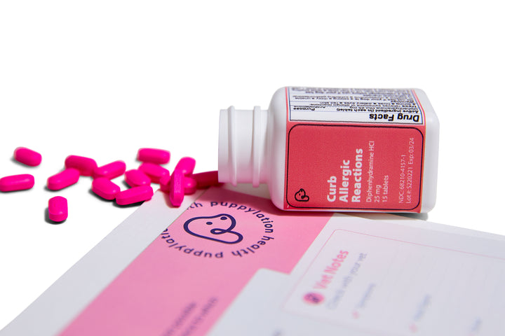 If your dog has hives, itching, red skin or eyes from an allergic reaction, address it quickly and correctly with the active ingredient in Benadryl for dogs. Each Uh-Oh Kit refill bottle of Curb Allergic Reactions contains 15 tablets of Diphenhydramine HCl 25mg with veterinarian-approved dosages and directions for dogs.