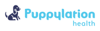 Puppylation Health horizontal logo with dark blue dog and light blue text