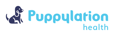 Puppylation Health horizontal logo with dark blue dog and light blue text