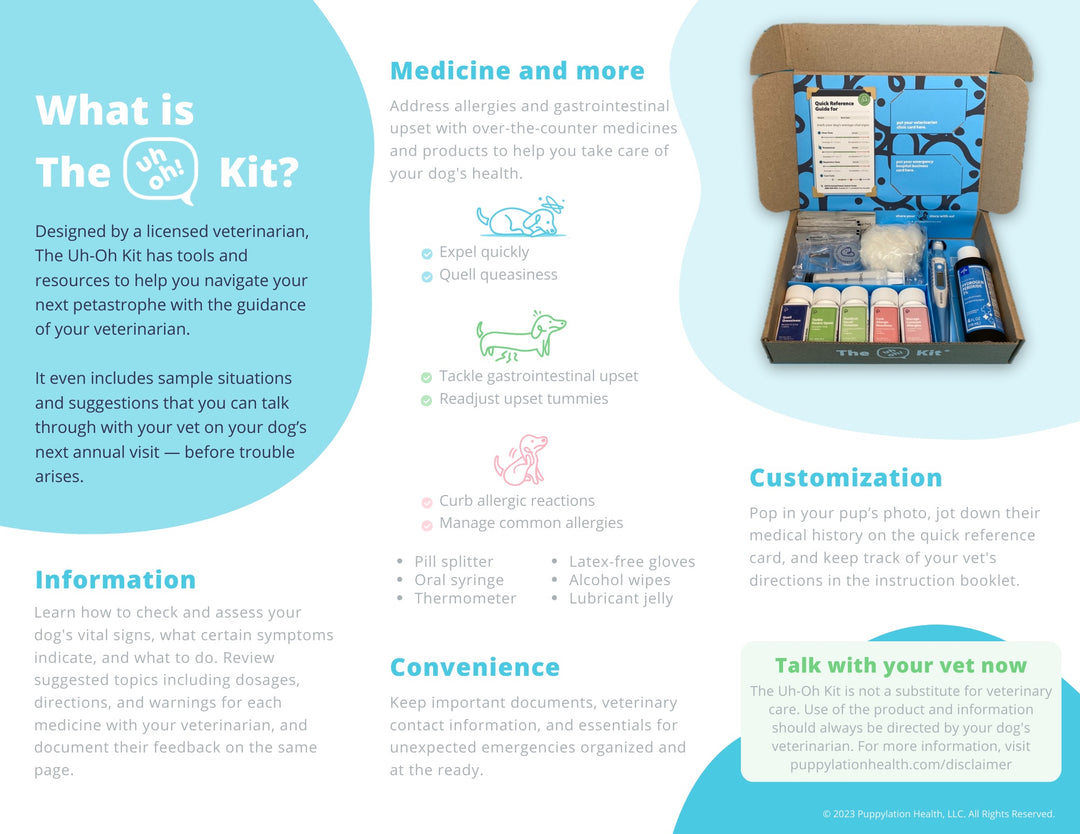 Puppylation Health's Uh-Oh Kit brochure side 2