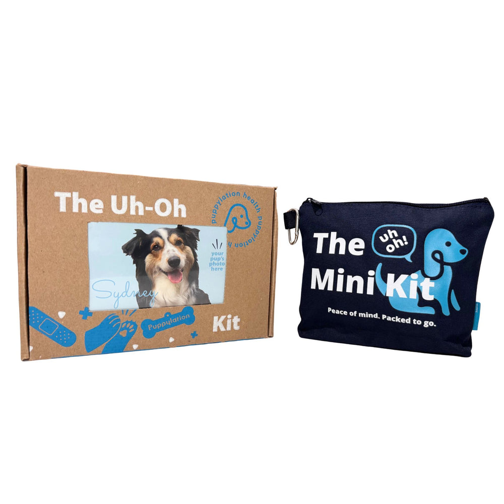 The Uh-Oh Kit and The Uh-Oh Mini Kit side by side – complete dog first-aid and preparedness bundle.