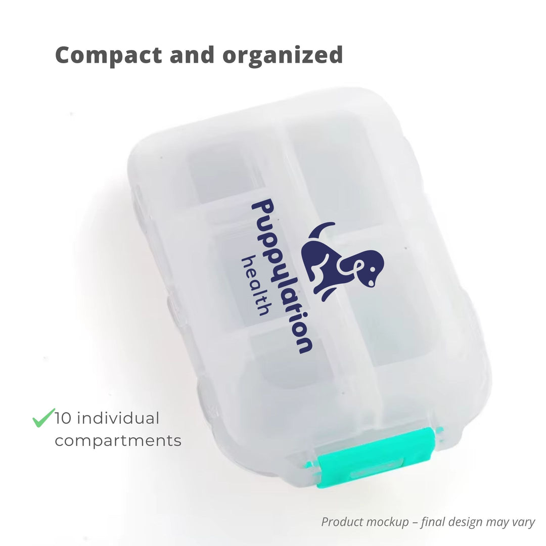 Mockup of a clear portable travel pill organizer for storing dog medications, included in The Uh-Oh Mini Kit