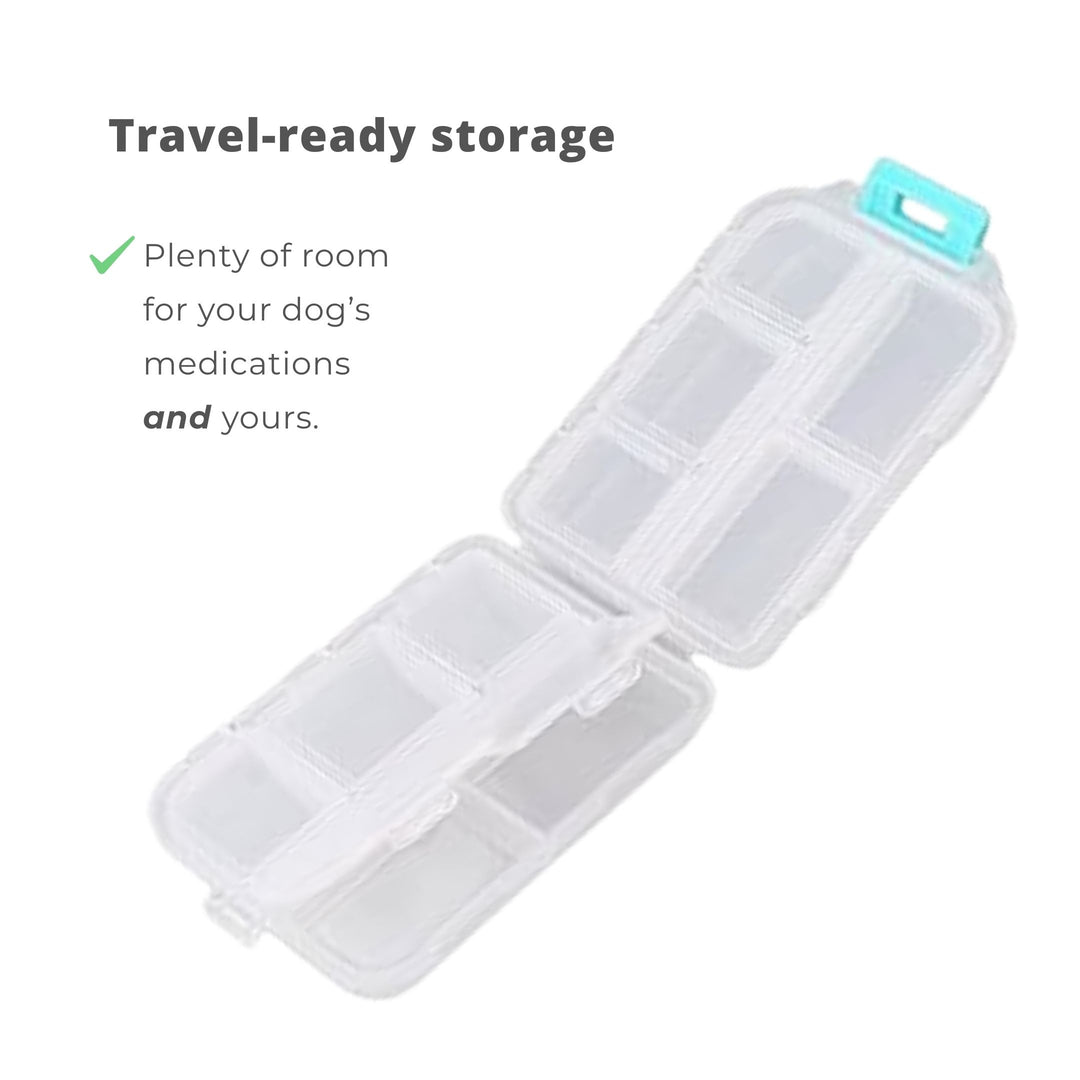 Compact 10-compartment pet pill organizer – travel-ready storage for your dog’s medications or yours
