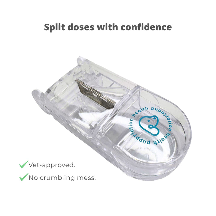 Dog pill splitter for safe and accurate medication dosing, included in The Uh-Oh Kit and The Uh-Oh Mini Kit