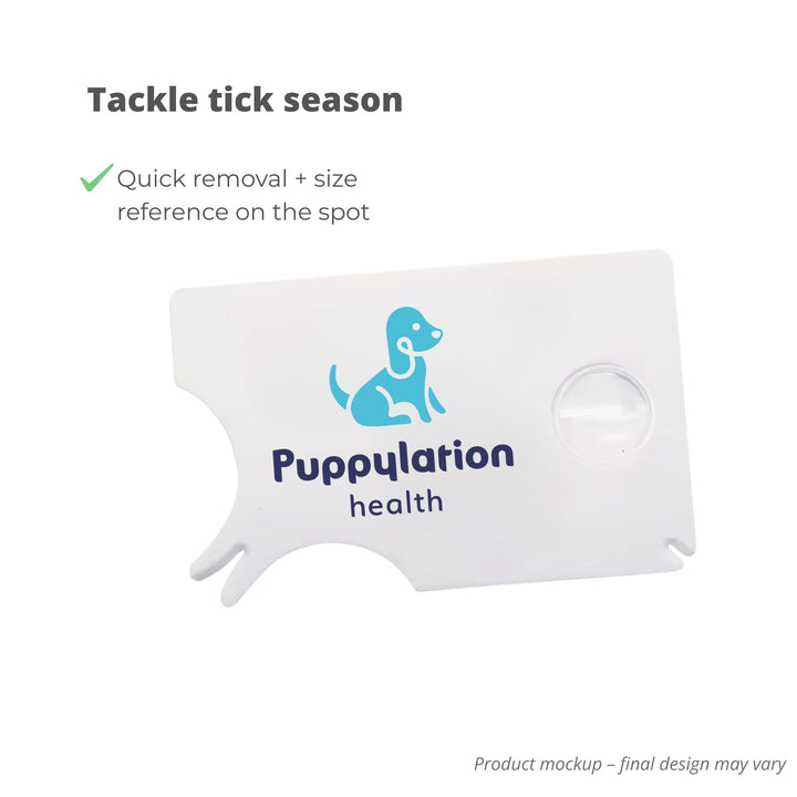 Mockup of Puppylation Health tick removal card with illustrated instructions and size guide, included in The Uh-Oh Mini Kit