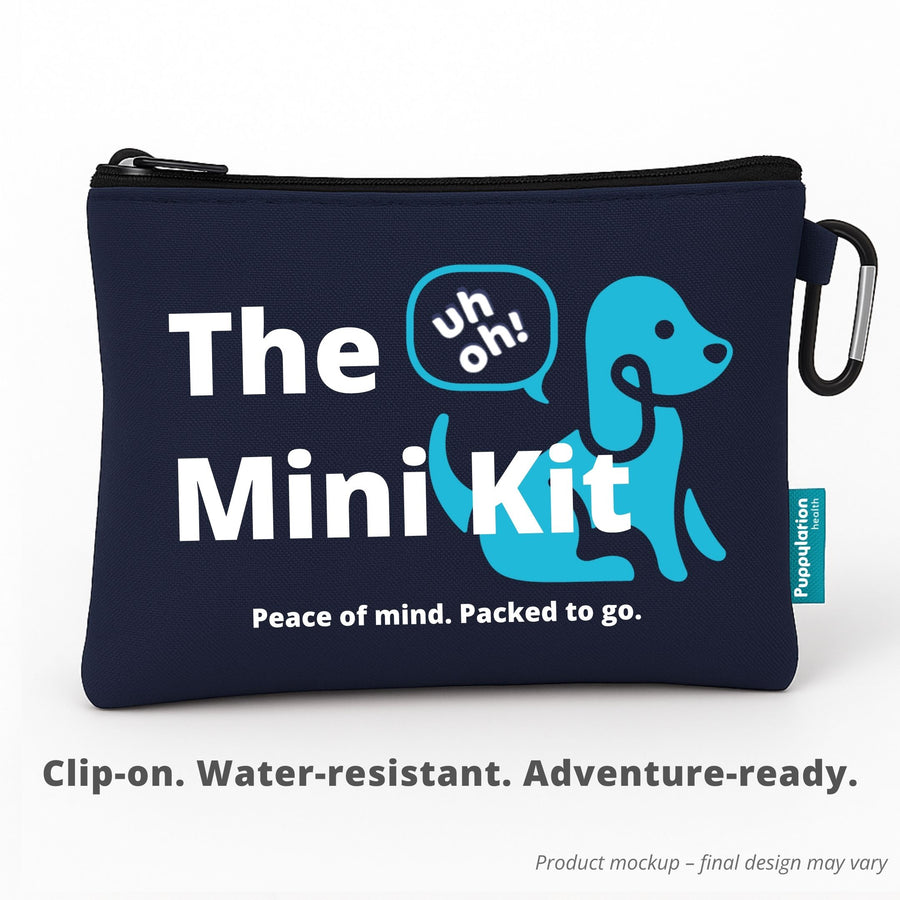 Mockup of a navy blue pouch for The Uh-Oh Mini Kit, designed for portability and convenience
