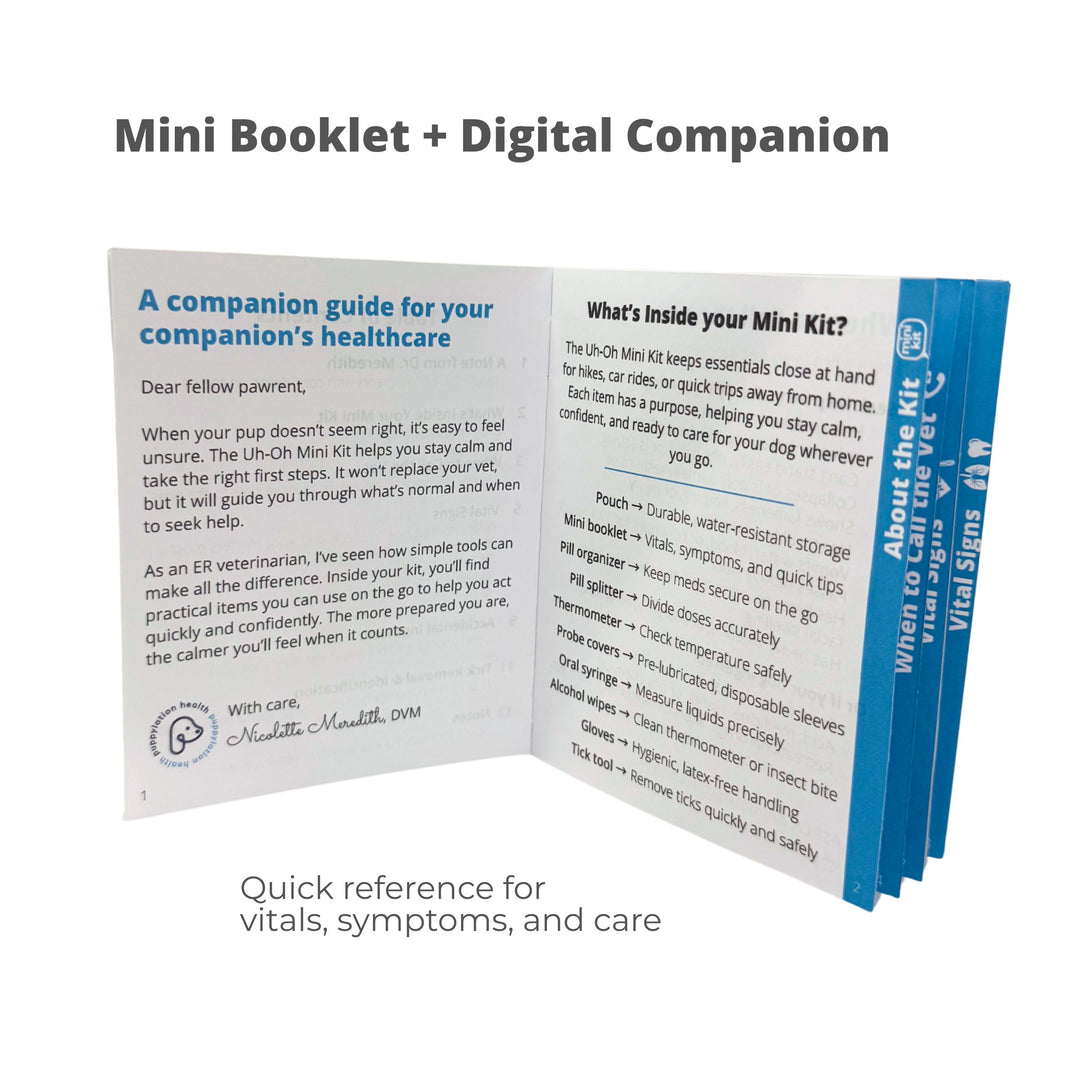 Vet-written mini guidebook from The Uh-Oh Mini Kit by Puppylation Health — quick reference for dog vitals, symptoms, and first aid.